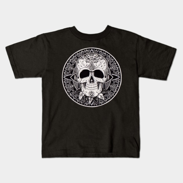 Ornate Skull Mandala Kids T-Shirt by Litedawn